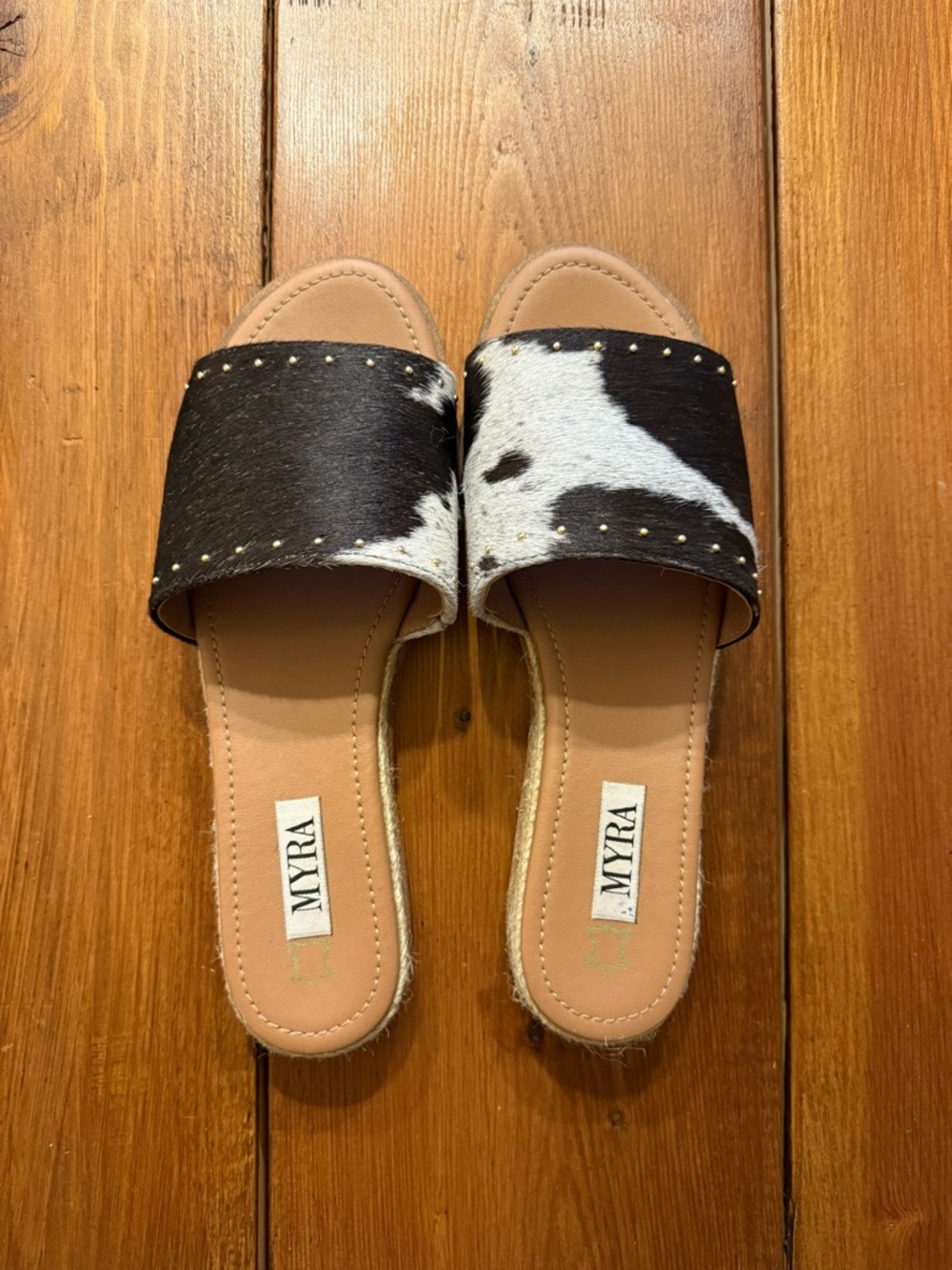 Myra Black & White Cowhide Slide Sandals with Stud Trim
